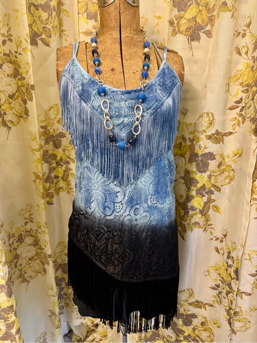 Free People Blue to Black Fringe Lace-Print Dress